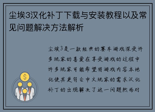 尘埃3汉化补丁下载与安装教程以及常见问题解决方法解析